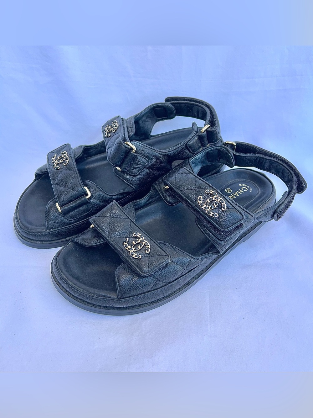 CHANEL Women's Black Leather Quilted Dad CC Slide Birkenstock Sandals Size 38